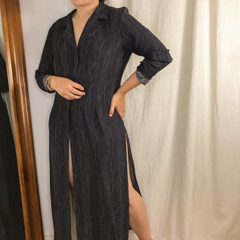 80s Vintage navy lined silk tunic dress maxi